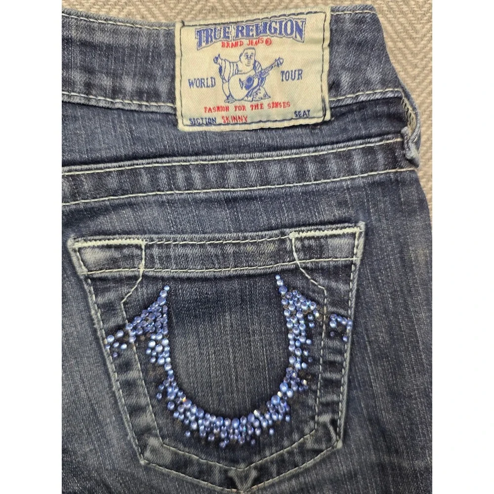 True Religion Skinny Jeans Dark Wash Crystal‎ Horseshoe Blue Embellished Size 26